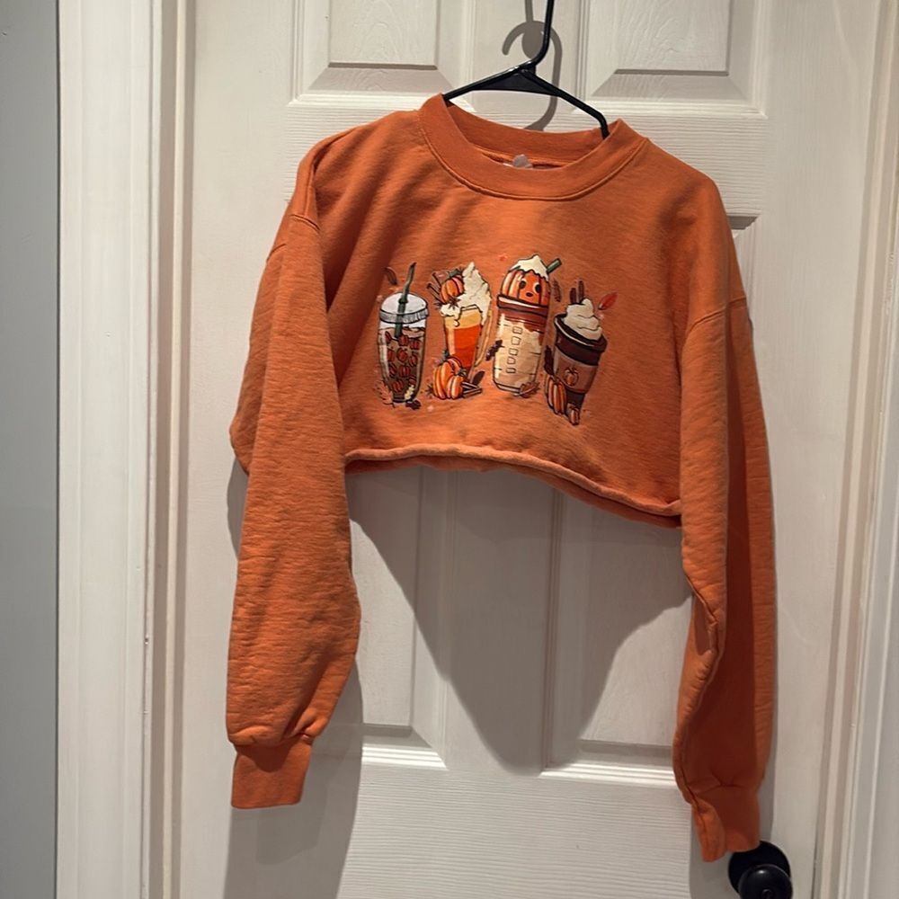 Fall themed festive pumpkin latte cropped sweatshirt SZ medium.